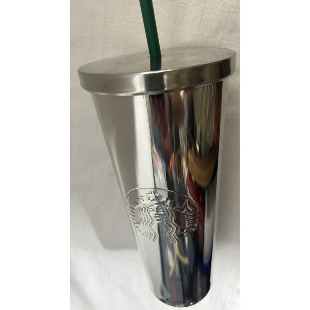 STARBUCKS 24 ounce Cold Cup Chrome Gray Stainless Steel Travel Green Straw